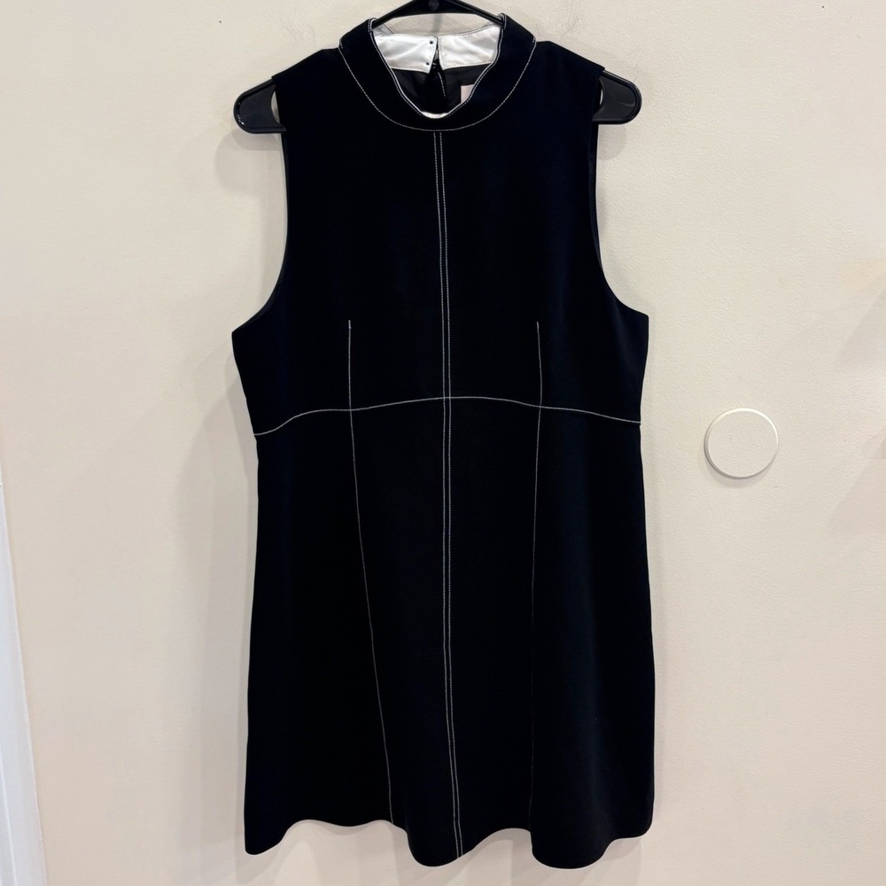 Cinq a Sept Angie Dress Black White Contrast Stitch Bow Neck Mini Dress 14 Retro - Picture 3 of 10